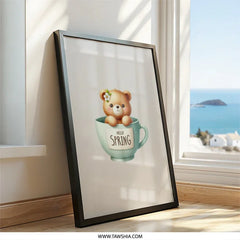 Cute Teddy Bear Framed Wall Art, Spring Decor Print, Nursery Art, Animal Illustration, Kids Room Decor, Cartoon Bear in a Mug, Gift Idea - Tawshia