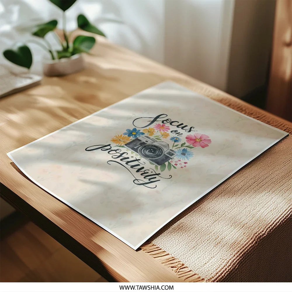 Focus on Positivity Photographic Prints, Camera Floral Art Print, Inspirational Quote Wall Decor, Modern Home Decor, Art Print - Tawshia