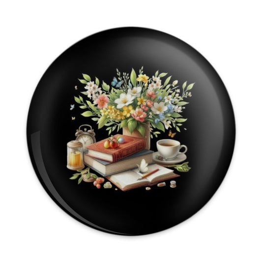 Floral Books Pinback Button, Cozy Reading Nook Art Badge, Book Lover Gift, Stack of Books, Butterfly Button, Tea Cup Pinback Button - Tawshia