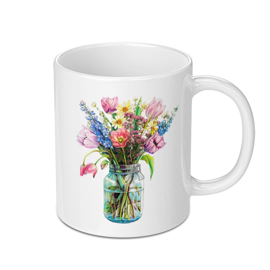 Floral Mug, Spring Flowers, Watercolor Bouquet, Mason Jar Mug, Unique Coffee Mug, Gift for Her, Flower Lover, Decorative Mug - Tawshia