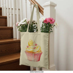 Watercolor Cupcake Tote Bag, Lemon Topped Cupcake Art, Delicious Cupcake Design, Cute Baking Lover Gift, Sweet Treat Bag - Tawshia
