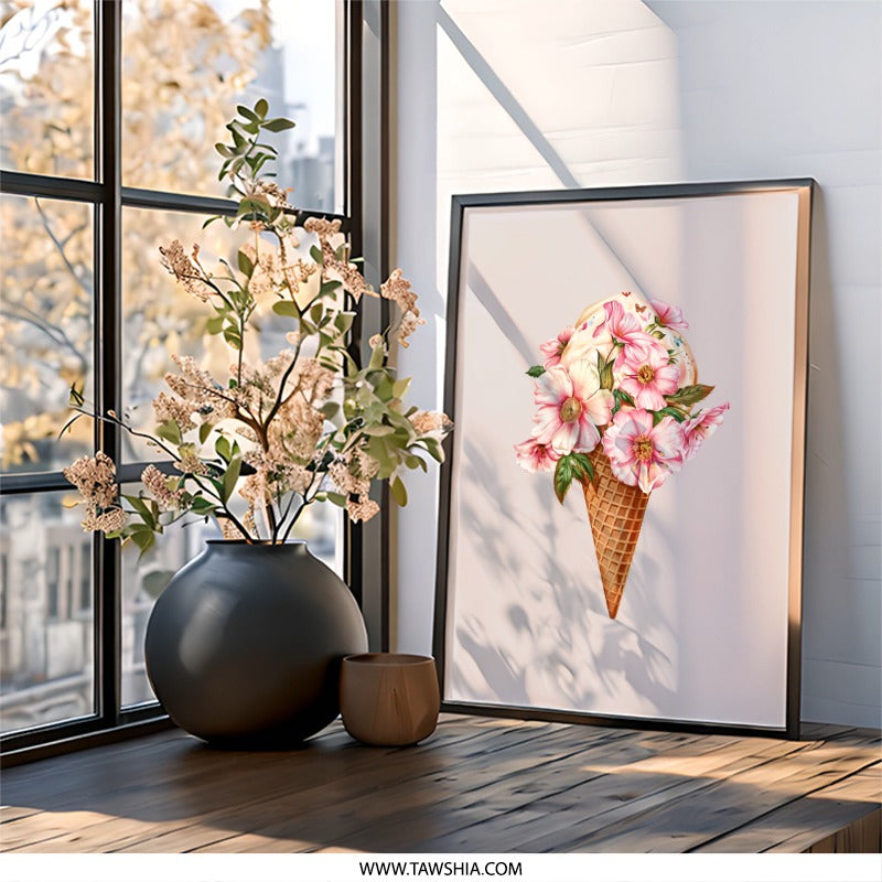 Floral Ice Cream Wall Art, Pink Flowers Print, Unique Home Decor, Sweet Treat Art, Whimsical Kitchen Art, Dessert Wall Decor - Tawshia