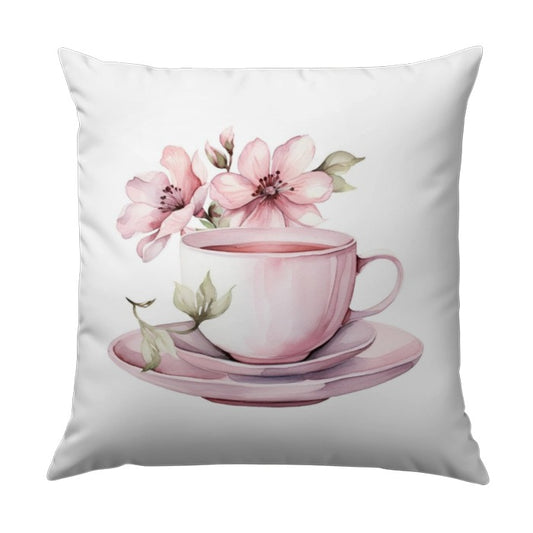 Floral Tea Cup Pillow, Watercolor Flowers Design, Elegant Tea Party Decor, Pink Flowers Pillow, Decorative Couch Pillow, Home Decor - Tawshia