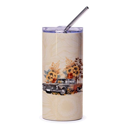 Sunflower Truck Tumbler, Vintage Car Drinkware, Fall Inspired Tumbler, Floral Autumn Cup, Car Lover Gift, Unique Tumbler Design - Tawshia