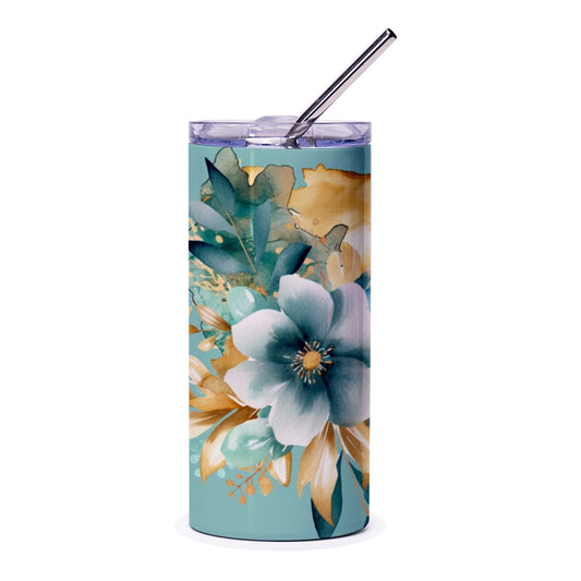 Floral Tumbler, Teal and Gold Flowers Tumbler, Watercolor Flower Tumbler, Floral Design, Gifts for Her, Stylish Tumblers, Travel Tumbler - Tawshia