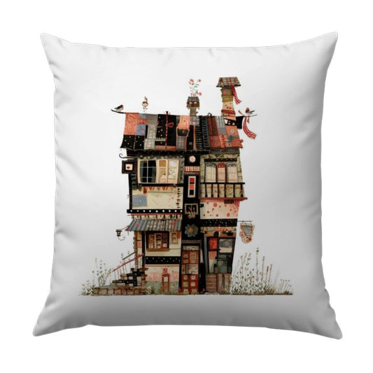 Whimsical House Pillow, Colorful Building Art Pillow, Quirky Home Decor Pillow, Unique Accent Pillow, Illustrated House Design Pillow - Tawshia