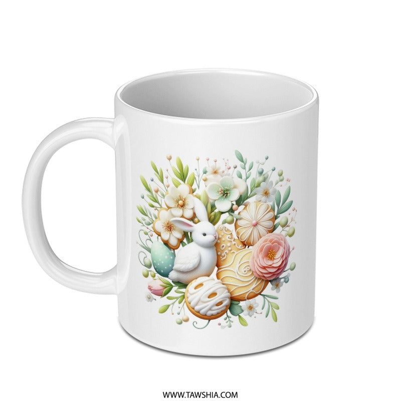 Easter Bunny Mug, Floral Rabbit Coffee Cup, Spring Decor, Cute Holiday Gift Idea, Bunny Lover Mug, Easter Eggs, Springtime Flowers - Tawshia