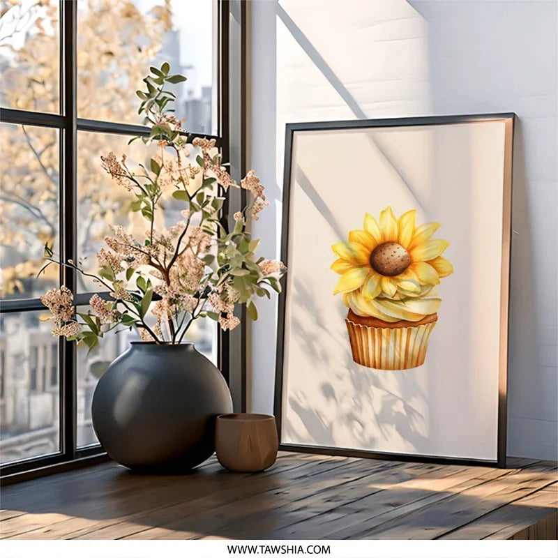 Sunflower Cupcake Wall Art, Floral Dessert Decor, Kitchen Art Print, Whimsical Home Decor, Yellow Flower Painting, Cute Food Illustration - Tawshia
