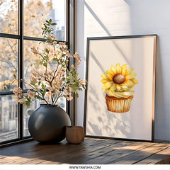 Sunflower Cupcake Wall Art, Floral Dessert Decor, Kitchen Art Print, Whimsical Home Decor, Yellow Flower Painting, Cute Food Illustration - Tawshia