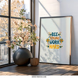 Bee Strong Work Hard Wall Art, Motivational Quote Print, Positive Affirmation Decor, Inspirational Gift, Home Office Art, Cute Bee Design - Tawshia