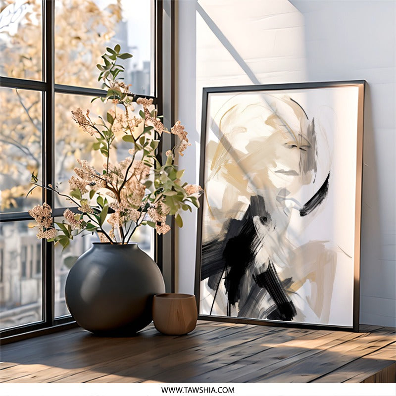 Abstract Woman Art, Modern Wall Art, Expressive Art Print, Beige Black Wall Decor, Contemporary Art, Home Decor, Stylish Wall Art - Tawshia