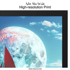 Red Sailboat Wall Art, Moon Art Print, Nautical Theme Decor, Dreamy Seascape Wall Decor, Gift for Sailor, Fantasy Boat Poster - Tawshia