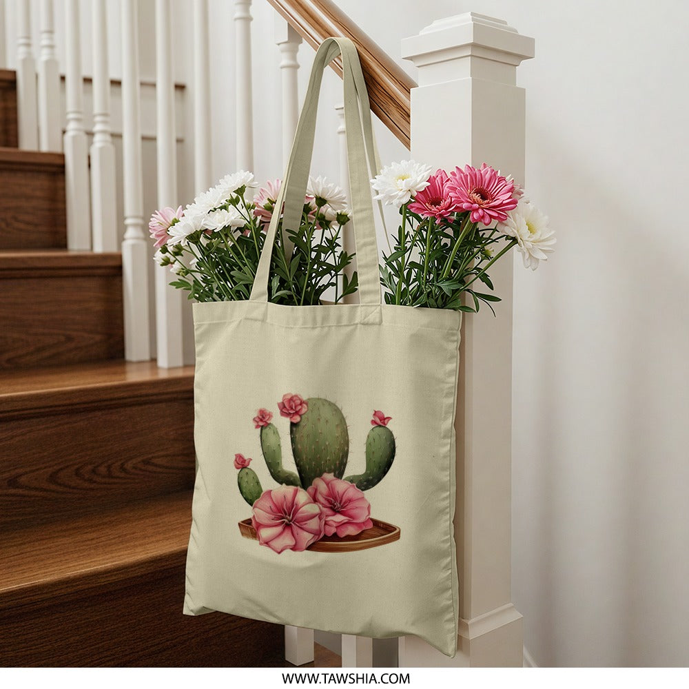 Blooming Cactus Tote Bag, Pink Flower Handbag, Floral Desert Plant Bag, Trendy Eco Bag, Cute Tote Bag for Women, Gift for Plant Lover - Tawshia