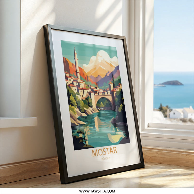 Mostar Bosnia Wall Art, Old Bridge Print, Europe Travel Poster, Cityscape Artwork, Architectural Painting, Modern Home Decor - Tawshia
