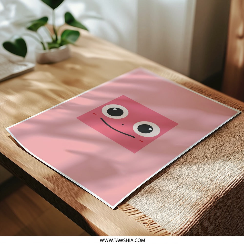 Pink Square Face Photographic Print, Cartoon Art, Kids Room Decor, Nursery Wall Art, Cute Illustration, Minimalist Art - Tawshia