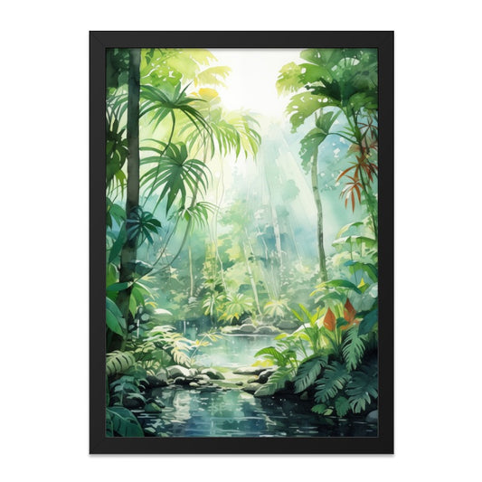 Tropical Jungle Wall Art, Lush Rainforest Print, Watercolor Landscape Painting, Green Nature Home Decor, Serene River Scene, Botanical Art - Tawshia