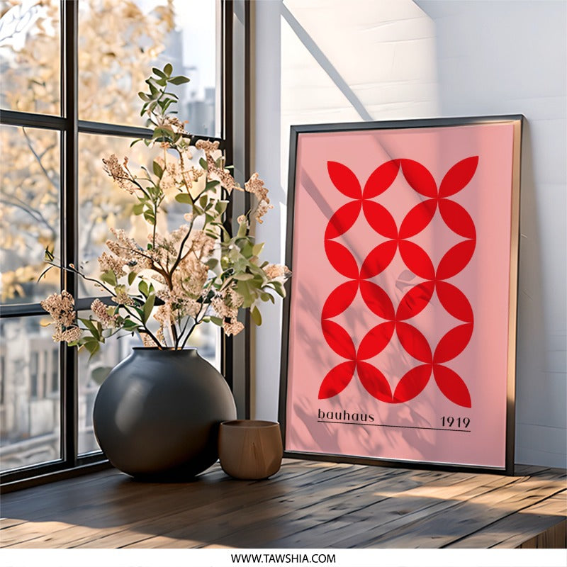 Bauhaus Wall Art Print, 1919 Geometric Poster, Red Flower Pattern, Minimalist Modern Art, Home Decor, Office Gift, Wall Decor - Tawshia