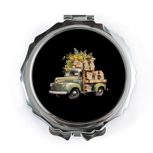 Vintage Truck Pocket Mirror, Books and Flowers, Cute Compact Mirror, Unique Gift for Book Lovers, Portable Makeup Mirror - Tawshia