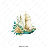 Floral Sailboat Pocket Mirror, Nautical Compact Mirror, Sailing Ship Vanity Mirror, Teal and Gold Travel Mirror, Gifts for Sailors - Tawshia