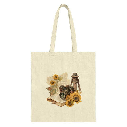 Sunflower Camera Tote Bag, Vintage Style, Photographer Gift, Floral Design, Book Lover, Literary Art, Nature Inspired Tote Bag - Tawshia