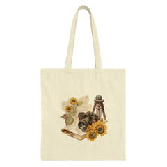 Sunflower Camera Tote Bag, Vintage Style, Photographer Gift, Floral Design, Book Lover, Literary Art, Nature Inspired Tote Bag - Tawshia