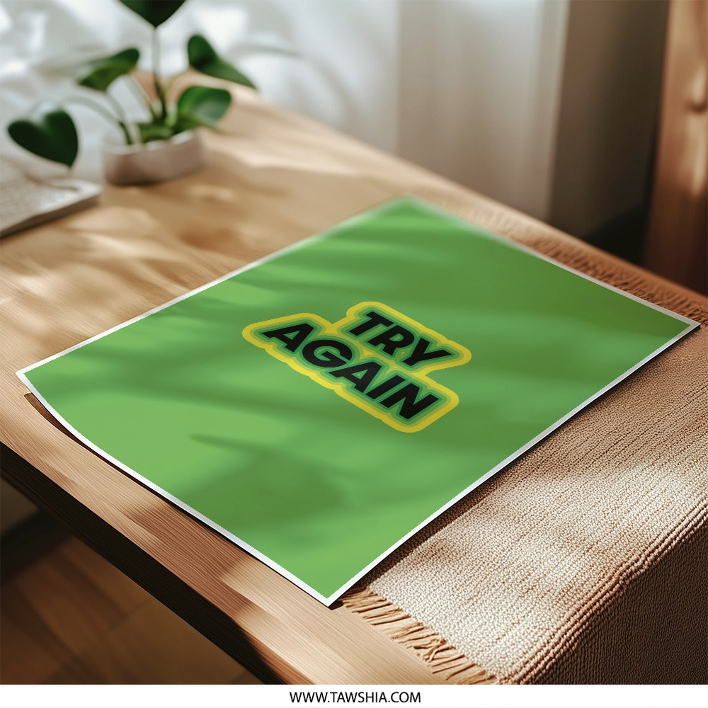 Try Again Photographic Print, Motivational Wall Art, Inspirational Decor, Positive Affirmation, Green Background, Home Office Decor - Tawshia