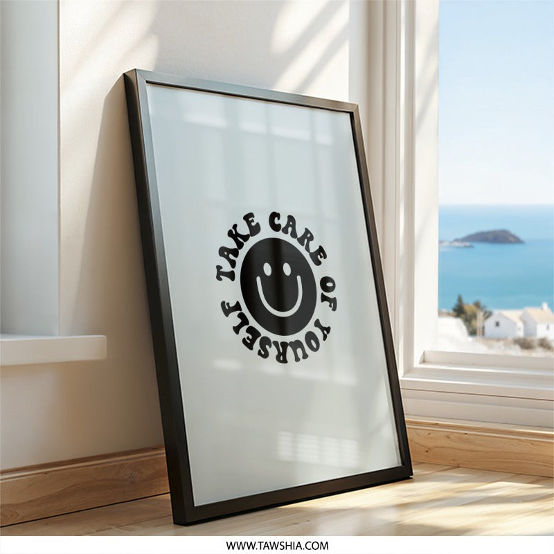 Take Care of Yourself Wall Art, Smiley Face Print, Positive Quote Poster, Trendy Home Decor, Self Care Reminder, Minimalist Art - Tawshia