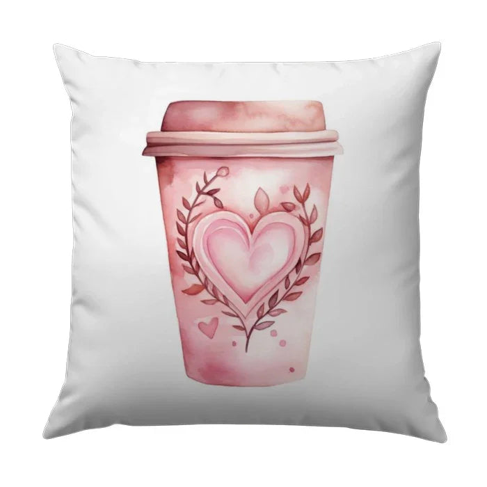 Coffee Heart Pillow, Valentine Gift, Cute Coffee Cup Throw Pillow, Pink Watercolor Design, Home Decor, Coffee Lover, Cozy Accent Pillow - Tawshia