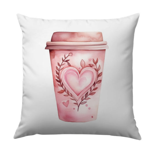 Coffee Heart Pillow, Valentine Gift, Cute Coffee Cup Throw Pillow, Pink Watercolor Design, Home Decor, Coffee Lover, Cozy Accent Pillow - Tawshia
