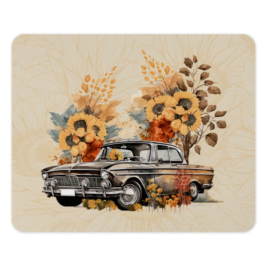 Vintage Car Mouse Pad, Sunflower Art, Classic Automobile Decor, Retro Vehicle Gift, Unique Desk Accessory, Car Lover Gift - Tawshia