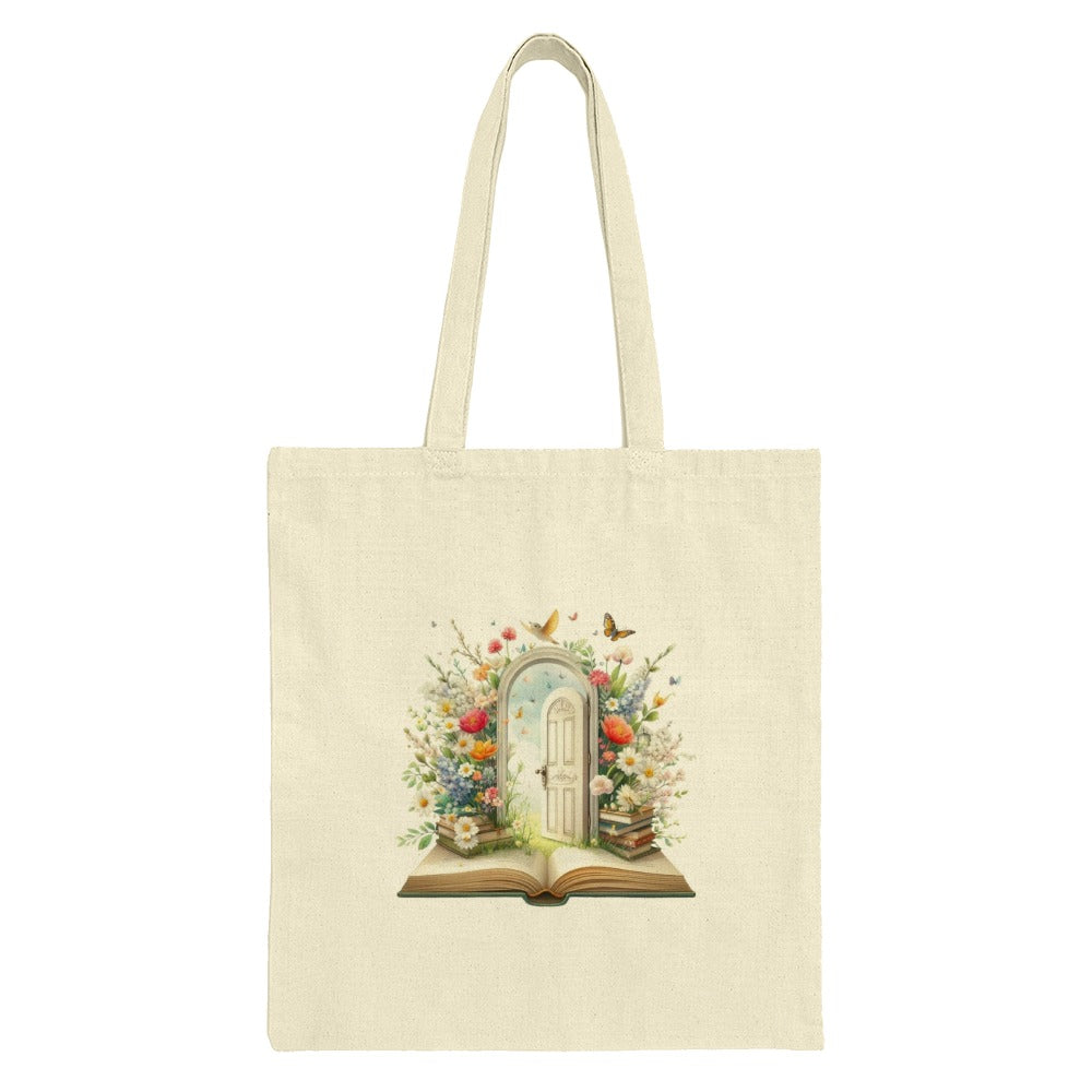 Floral Doorway Tote Bag, Book Lover Gift, Botanical Tote Bag, Unique Design, Reading Gift, Colorful Flowers, Butterflies, Aesthetic Bag - Tawshia