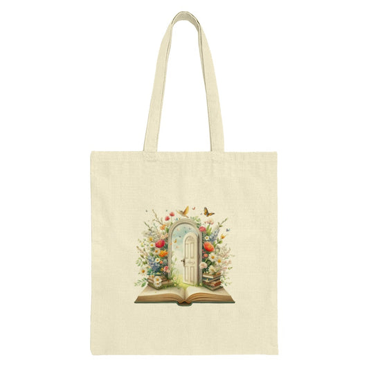 Floral Doorway Tote Bag, Book Lover Gift, Botanical Tote Bag, Unique Design, Reading Gift, Colorful Flowers, Butterflies, Aesthetic Bag - Tawshia