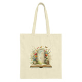 Floral Doorway Tote Bag, Book Lover Gift, Botanical Tote Bag, Unique Design, Reading Gift, Colorful Flowers, Butterflies, Aesthetic Bag - Tawshia
