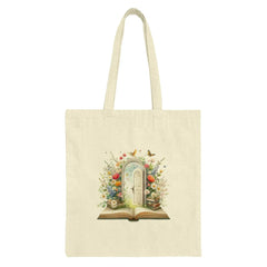 Floral Doorway Tote Bag, Book Lover Gift, Botanical Tote Bag, Unique Design, Reading Gift, Colorful Flowers, Butterflies, Aesthetic Bag - Tawshia