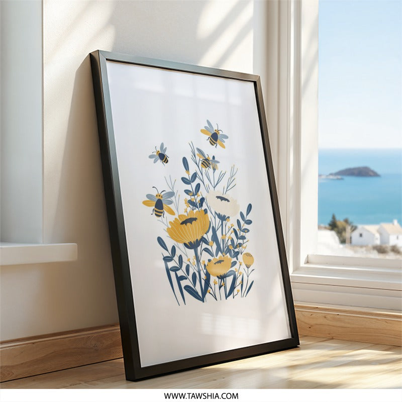 Bee and Flower Wall Art, Floral Wall Decor, Honeybee Print, Nature Wall Art, Botanical Illustration, Modern Art Print, Insect Art - Tawshia