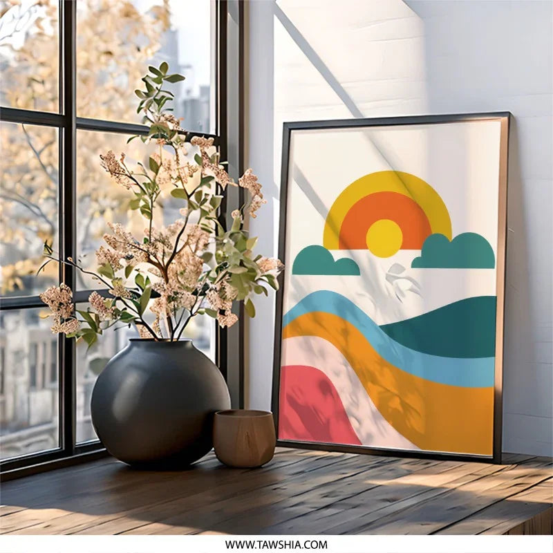 Retro Sun Wall Art, Abstract Landscape Print, 70s Style Home Decor, Boho Mountain Art, Colorful Illustration, Modern Art Print - Tawshia