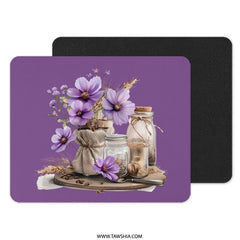Purple Floral Mouse Pad, Flower Jars Desk Accessory, Botanical Computer Mat, Aesthetic Office Decor, Home Office Mousepad, Cute Mousepad - Tawshia
