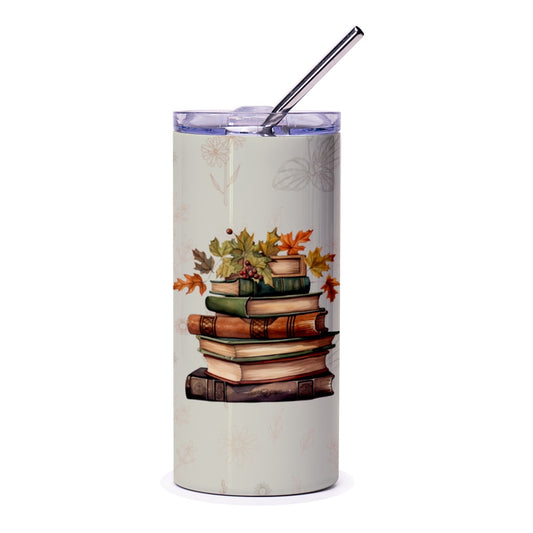 Autumn Books Tumbler, Fall Leaves Tumbler, Cozy Season Tumbler, Book Lover Gift, Library Decor, Reading Theme, Tumbler with Straw - Tawshia