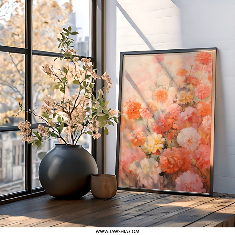 Floral Wall Art, Orange Pink Flowers Print, Botanical Art Print, Flower Painting Wall Decor, Home Decor Wall Art, Living Room Wall Decor - Tawshia
