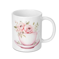 Floral Mug, Tea Cup Design Mug, Watercolor Roses Mug, Flower Lover Gift, Tea Party Mug, Unique Coffee Mug, Pink Floral Mug - Tawshia