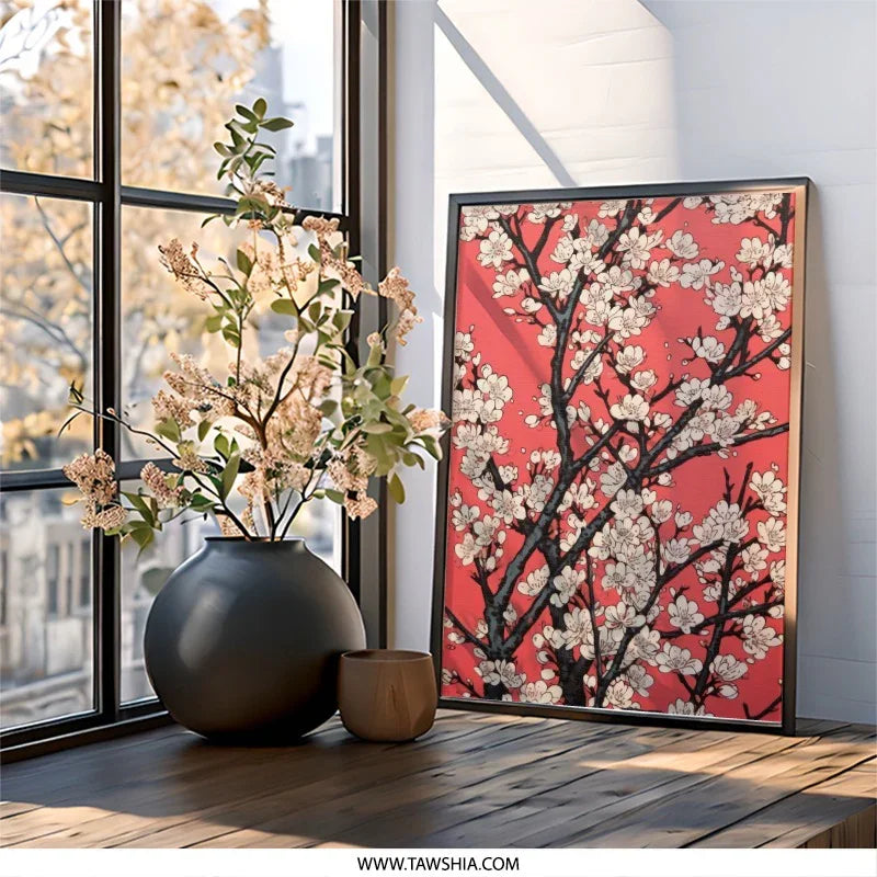 Cherry Blossom Tree Wall Art, Floral Art Print, Japanese Art, Pink Wall Decor, Ukiyo e Style, Home Decor Art, Elegant Wall Decor - Tawshia
