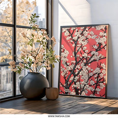 Cherry Blossom Tree Wall Art, Floral Art Print, Japanese Art, Pink Wall Decor, Ukiyo e Style, Home Decor Art, Elegant Wall Decor - Tawshia