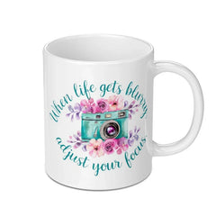Adjust Your Focus Mug, Floral Camera Mug, Inspirational Quote Mug, Photographer Gift, Motivational Mug, Teal Camera Mug - Tawshia