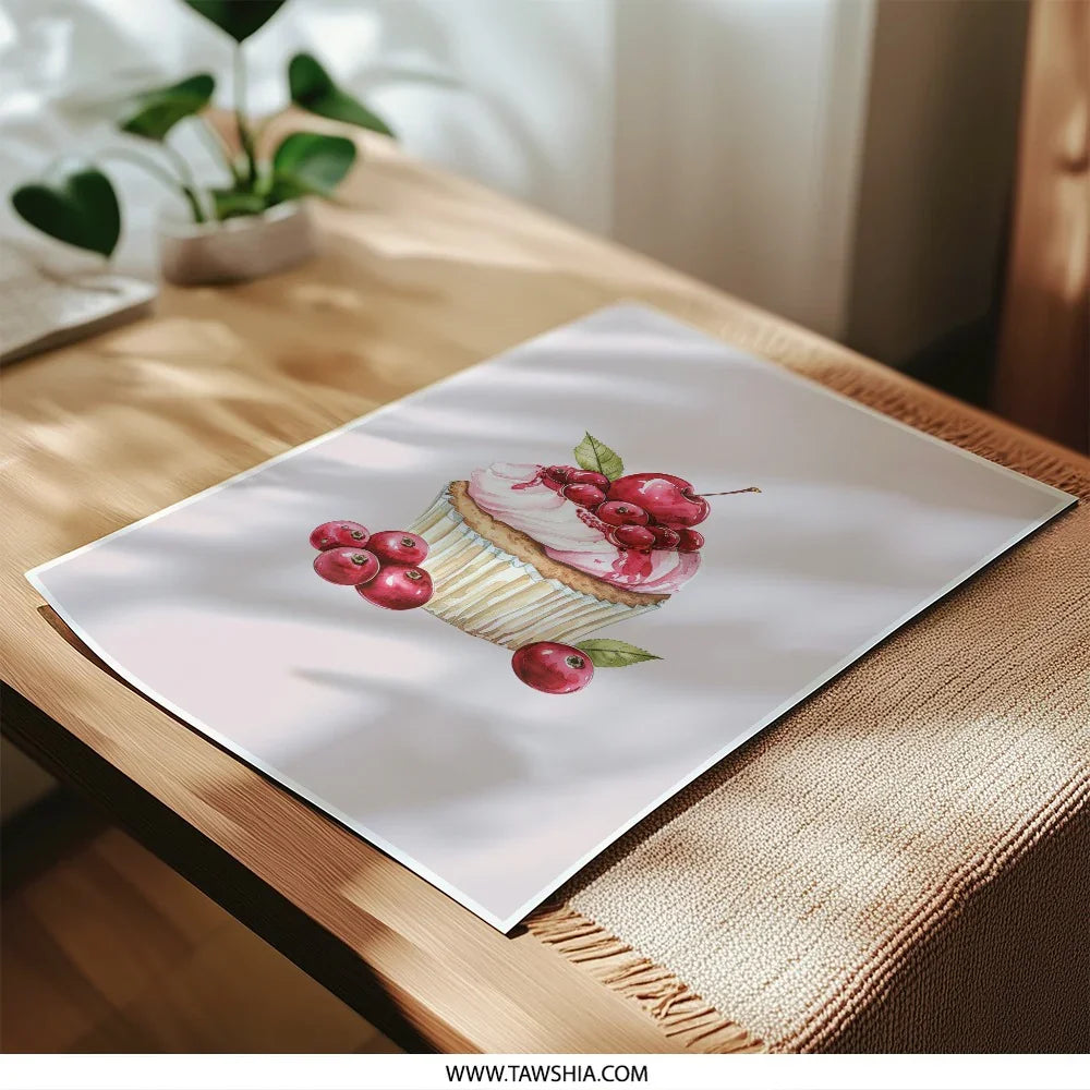 Cherry Cupcake Photographic Prints, Watercolor Painting Prints, Food Dessert Art, Kitchen Decor, Home Wall Art, Gift Idea - Tawshia