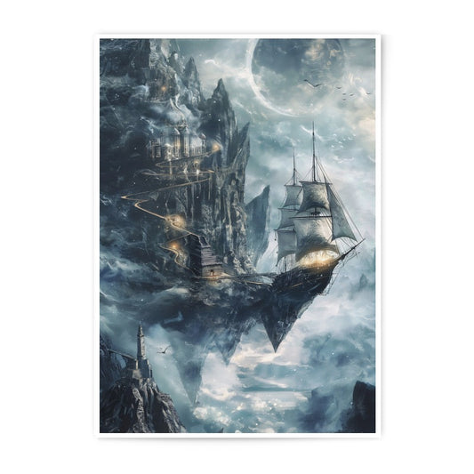 Fantasy World Photographic Print, Sailing Ship Art, Floating Island Castle, Moon Art, Digital Artwork, Wall Decor, Home Decor - Tawshia