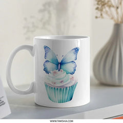 Butterfly Cupcake Mug, Whimsical Coffee Mug, Cute Tea Mug, Colorful Mug, Cupcake Gift, Butterfly Gift, Baking Lover, Mug for Her - Tawshia