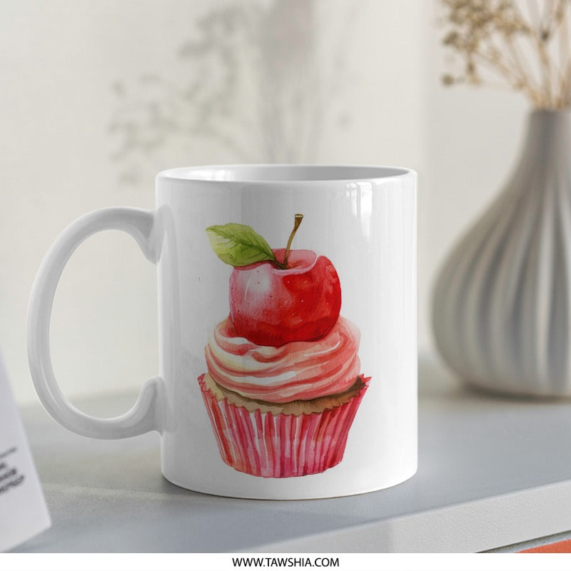 Apple Cupcake Mug, Watercolor Mug, Sweet Treat Coffee Mug, Dessert Lover Gift, Cute Mug, Unique Mug, Foodie Gift, Apple Art - Tawshia