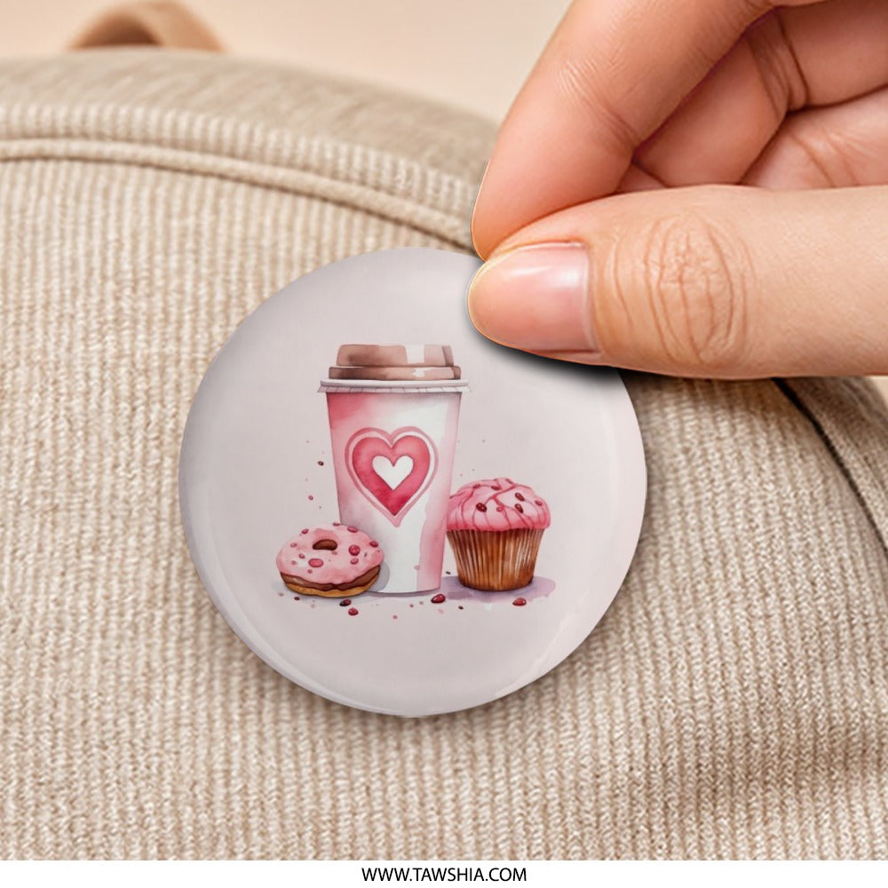 Coffee Donut Cupcake Pinback Button, Watercolor Food Button, Sweet Treat Accessory, Cute Button Badge, Valentine's Day Gift - Tawshia