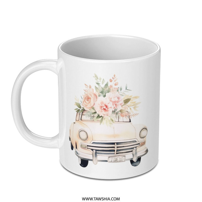 Floral Car Mug, Classic Car Design, Flower Bouquet Mug, Aesthetic Mug, Cute Coffee Mug, Unique Gift Idea, Vintage Car Lover Mug - Tawshia