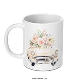 Floral Car Mug, Classic Car Design, Flower Bouquet Mug, Aesthetic Mug, Cute Coffee Mug, Unique Gift Idea, Vintage Car Lover Mug - Tawshia